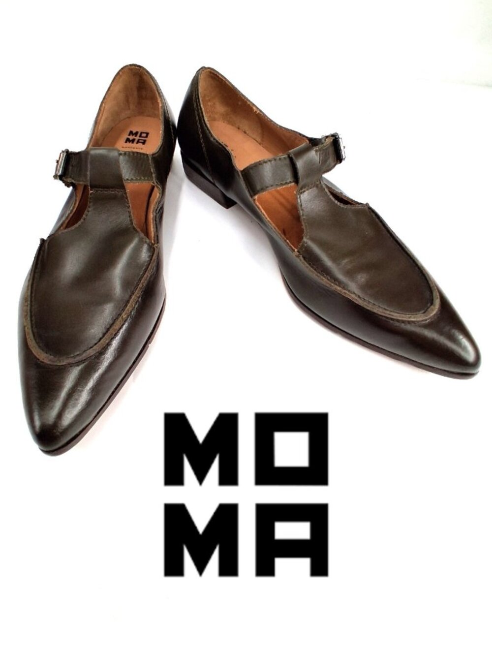 MOMA Handmade Leather Mary Jane T Strap Shoes Pointed Toe Brown EU 41 Italy
